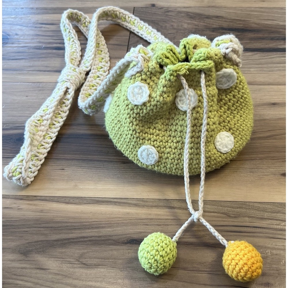 Handmade Crochet Polka Dot Bucket Bag Green Crossbody Drawstring Purse